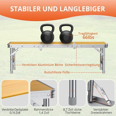 Складний кемпінговий стіл FUNYKICH 87x40x26 см, жовтий - алюмінієвий, MDF стільниця, з сумкою для перенесення