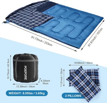 Спальний мішок для двох дорослих з флісу, зимовий, з подушками та сумкою для перенесення, 233*157 см (Блакитний)