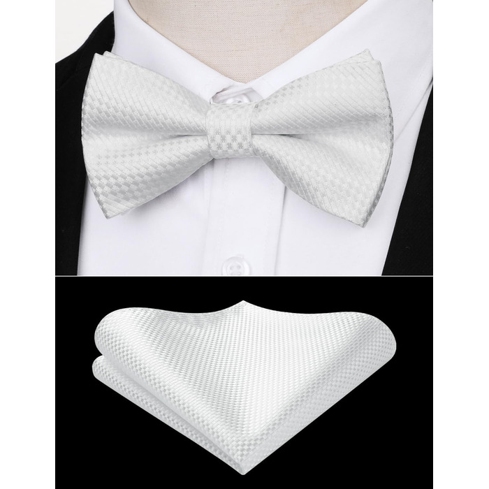 Краватка-метелик чоловіча Enlision з кишеньковим хустинкою - комплект для весілля, свят, до костюма. Білий колір.