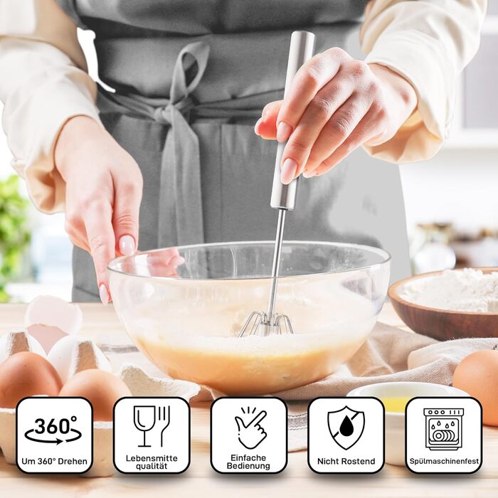 Zulay Kitchen: Ручний вінчик з нержавіючої сталі - автоматичний вінчик з пружинним механізмом, легке збивання яєць, тіста, молока, соусів, придатний для миття в посудомийній машині, стійкий до корозії, срібний