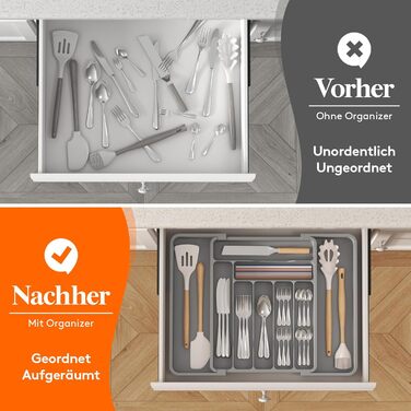 Органайзер для столових приборів Lifewit в шухляду, розсувний, пластиковий, 7-9 відділень, сірий, глибокий 38 см - великий розмір