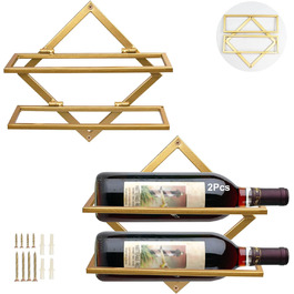 2pcs Metal Wall Mounted Wine Rack Stemware Glass Rack, Foldable Wall Hanging Red Wine Shelf Organizer with 3 Stem Glass Holders, Black Wine Bottle Hanger for Home Kitchen Bar Wall Decor (Gold Aa)
