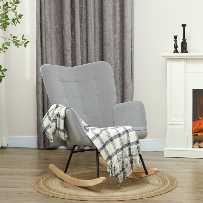 HOMCOM Rocking Chair, Rocking Armchair with Velvet Look, Armrests, Chair with Wooden Skids, Reclining Chair for Living Room, Bedroom, Light Grey | Aosom