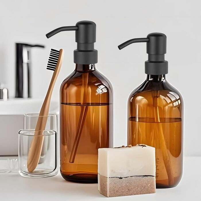 Дозатор для мила Suanti, 425 мл, з помпою з нержавіючої сталі, наповнюваний, квадратний, декоративний, для мила для рук, посудомийної рідини та лосьйону, стиль мармур (чорний)