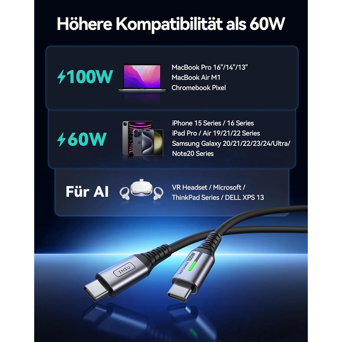 Кабель USB-C 100W, 2м, чорний: для iPhone, Samsung, Pixel, iPad, MacBook