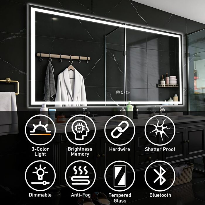 Дзеркало для ванної кімнати 50x70 см з підсвічуванням LED, антизапарююче, димування, 3 кольори світла, Bluetooth