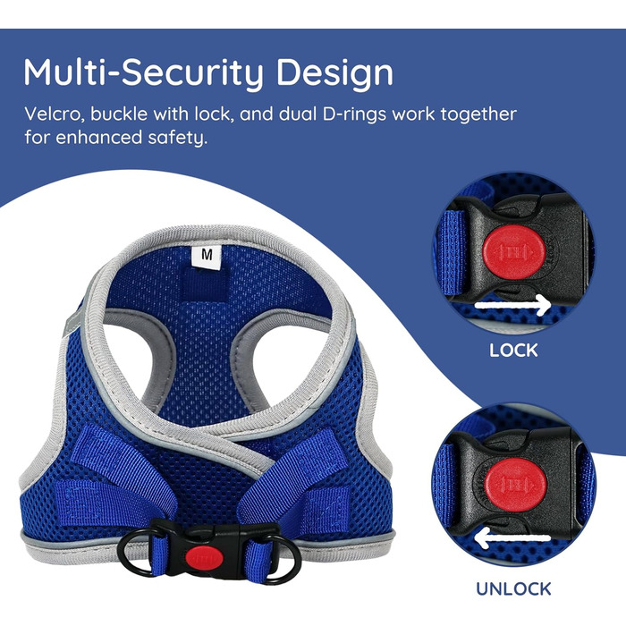 Шлейка для собак BELLA & PAL для маленьких собак з повідком, Step-in шлейка з Air Mesh, анти-тяга, світловідбиваюча, дихаюча, для цуценят, для котів, S (XXS (28-30см обхват грудей), синій & сірий)
