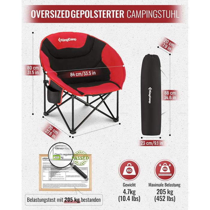 Крісло для кемпінгу KingCamp Moonchair XXL: зручне, з підлокітником, витримує до 205 кг, для відпочинку на природі, саду, риболовлі та балкону (червоний)