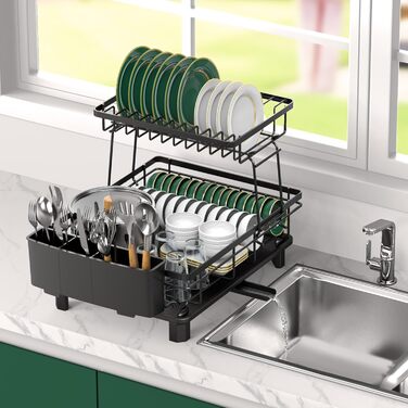 Підставка для посуду ROTTOGOON 2-ярусна, з нержавіючої сталі, чорна - органайзер для кухонних аксесуарів