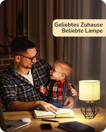 EDISHINE Настільна лампа - Сучасний індустріальний дизайн, E14 цоколь, вінтаж, для спальні/вітальні, білий & золотий (льон + чорний)