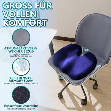 Ортопедична подушка для сидіння з Memory Foam – для офісного крісла та авто, зняття тиску, комфорт при тривалому сидінні, нековзка, знімний чохол (Синій)
