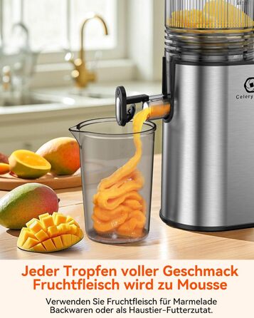 Соковитискач CelerySpec Slow Juicer - переможець тесту, для цілих овочів та фруктів, 130 мм, 1.8л, BPA-free, 250W, з функцією зворотного ходу, нержавіюча сталь, чорний
