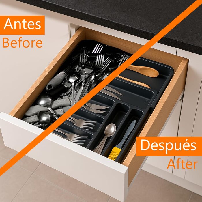 Органайзер для столових приборів Edihome в шухляду, розширюваний, 6-8 відділень, чорний, без BPA