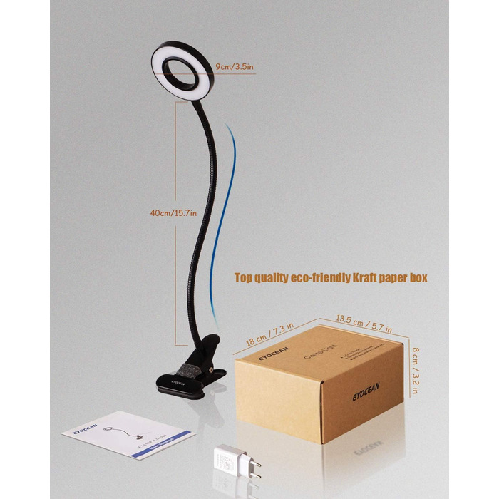 LED приліжкова лампа з кліпсою для ліжка, спальні, офісу, димується, 3 режими + 10 рівнів яскравості, гнучка, 8W, срібляста (чорна)