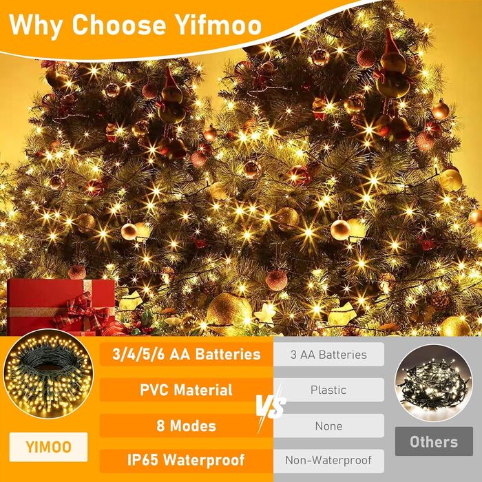 Гірлянда світлодіодна 30м, 300 LED, з таймером, 8 режимів, водонепроникна, зелений кабель, тепле біле світло, для декору, вечірок, саду, Нового року