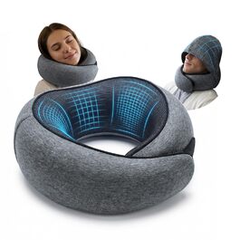 Подушка для подорожей з капюшоном, Memory Foam, темно-сіра. Підтримка шиї для літака, авто та дому