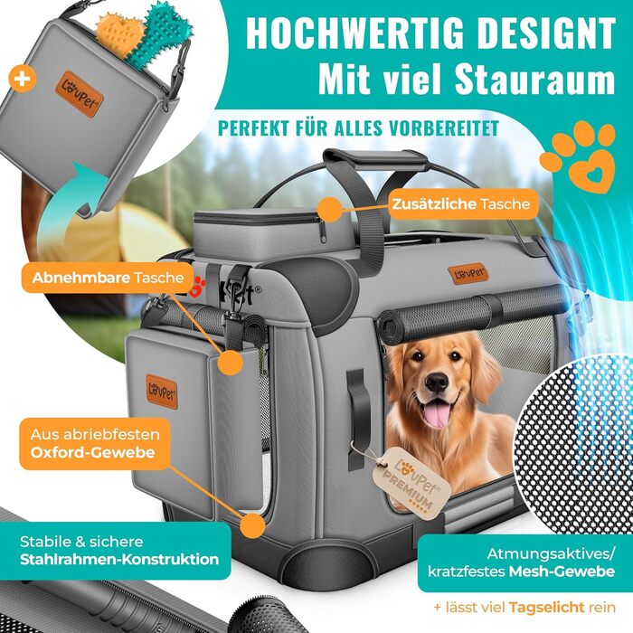 Транспортна переноска для собак та котів M 60x42x44 см | Складана переноска для тварин з мискою та плечовим ременем | Для котів та собак, сірий колір