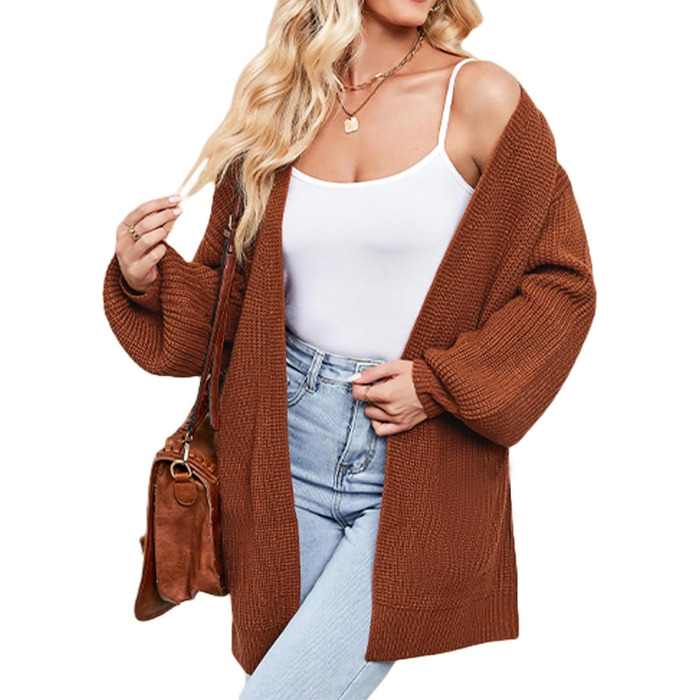 Жіночий в'язаний кардиган оверсайз з відкритим передом, велика в'язка, теплий, кавового кольору, довгі рукави, осінь