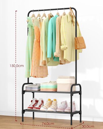 Стійка для одягу з полицею для взуття, чорна, 74 x 30 x 150 см