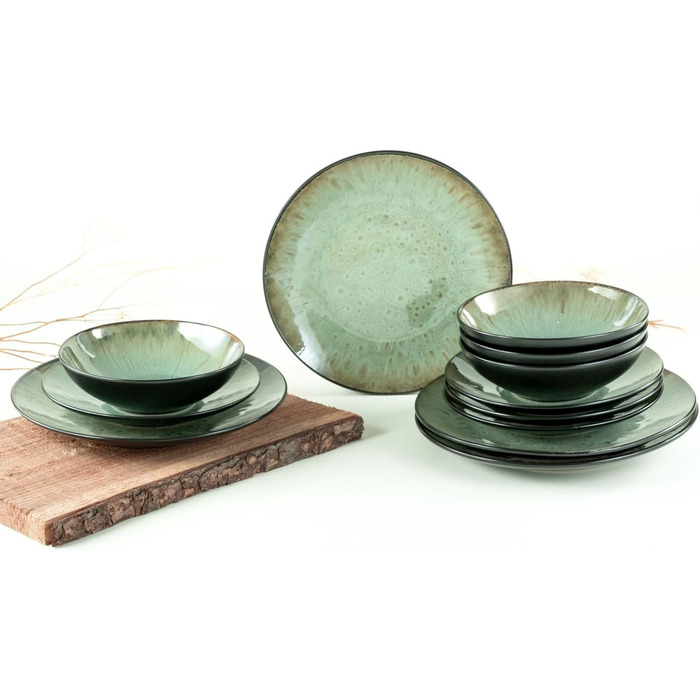 CreaTable Набір посуду Jawa, 18 предметів (12 тарілок) з каменю, для 6 осіб, зелений, миється в посудомийній машині, підходить для мікрохвильовки