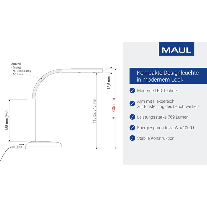 Світлодіодна лампа для столу MAULjoy | Стильна настільна лампа з регулюванням висоти | Настільна лампа для офісу та дому | Чорний колір, 33.5 см