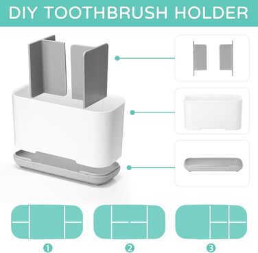 Тримач для зубних щіток, органайзер для електричної зубної щітки, регульований підставка з пластику з неслизьким дном, 4 відділення для зубних щіток + 2 відсіки для зберігання