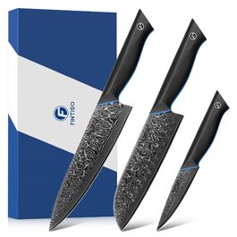 Кухонний ніж FINTISO Zeus 20 см з 67 шарів японської дамаської сталі, Full Tang, з руків'ям G10 (набір ножів, 3 предмети)