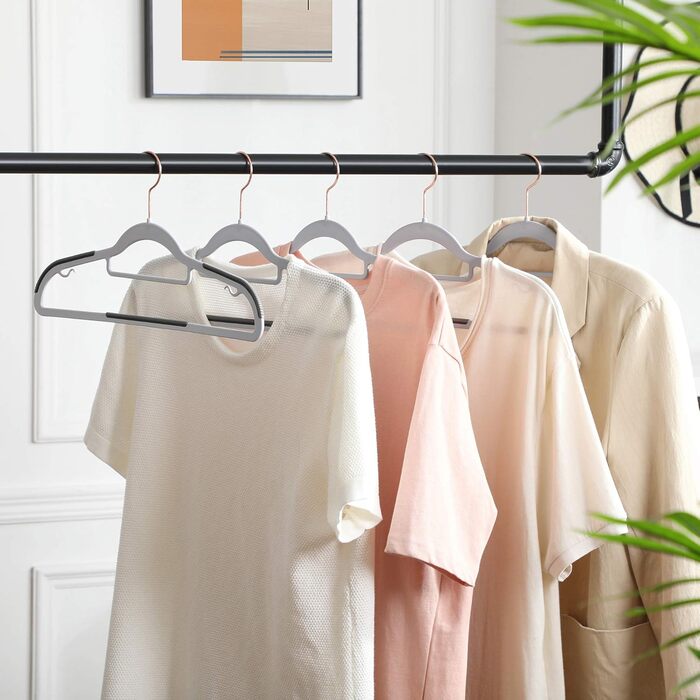 SONGMICS Clothes Hangers, 30-Piece Set, Plastic Hangers, Non-Slip, Space-Saving, 0.5 cm Thick, 42 cm Long, 360° Swivel Hook in Rose Gold, Light Gray-Dark Gray CRP020G01