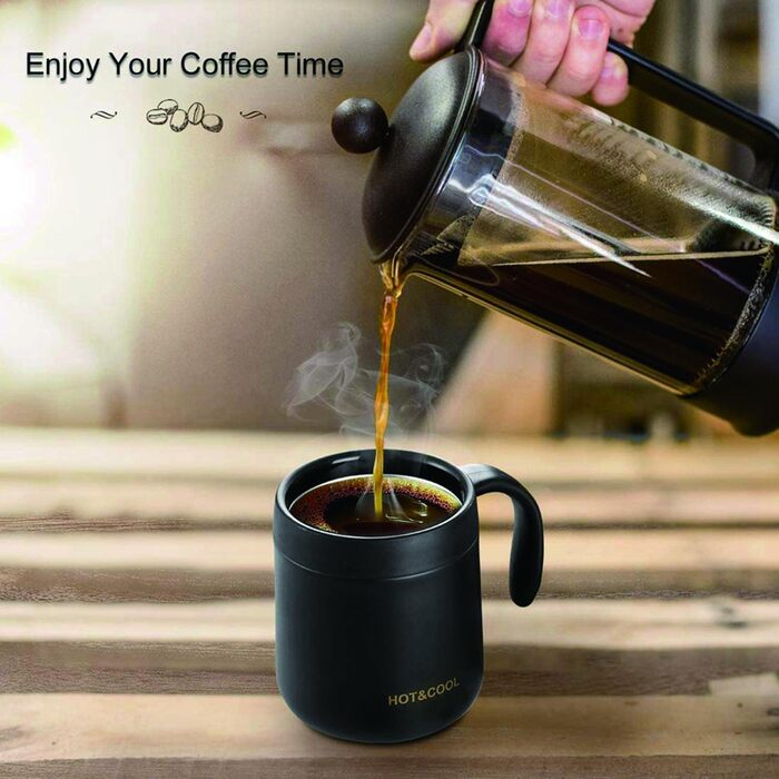 Термокружка з нержавіючої сталі 500 мл з кришкою та ручкою, подвійні стінки, вакуумна ізоляція, для подорожей та кемпінгу (Чорний)