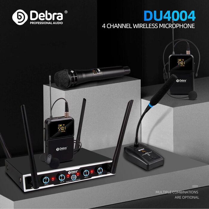 Debra 4-канальний UHF мікрофонний набір з 16 частотами | Дальність дії 80м, 4x Bodypack + Headset/Lavalier | Якість студійної звукозапису для співу, караоке та конференцій (2HD2LR2HT)