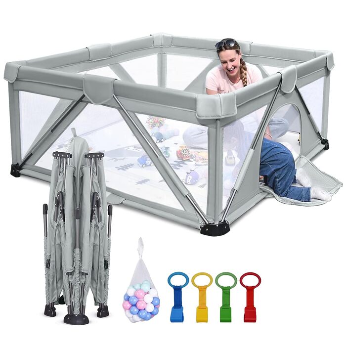 Foldable baby playpen, Heyo. Yes, large playground, baby and toddler playpen, play fences for babies and toddlers with gate, portable play yard for indoor and outdoor use (120 x 120 x 68 cm)