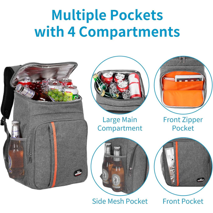 Рюкзак-холодильник HEQUN 23L: Ізольований рюкзак для пікніків, пляжу, подорожей та роботи. Сірий колір.