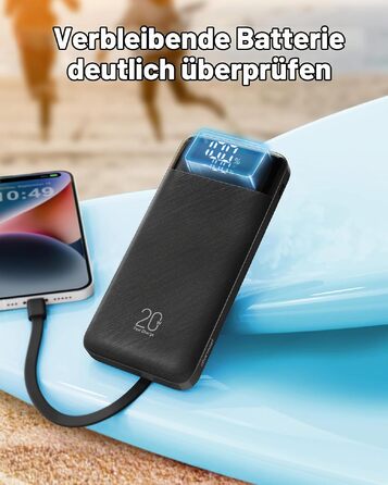 Повербанк Charmast 20000 mAh з вбудованими кабелями, швидка зарядка 22.5W, чорний
