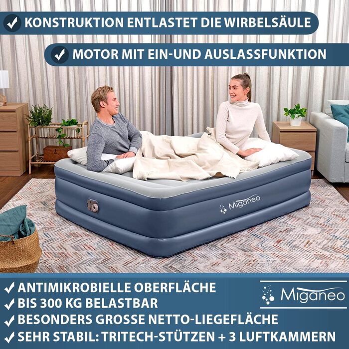 Надувний матрац Miganeo Premium XL 203x152x51 см з електронасосом та антимікробним покриттям (до 300 кг)