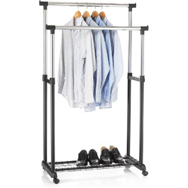 IDIMEX Wardrobe Trolley Grosso Clothes Rack Rolling Wardrobe Clothes Rack, with Shoe Storage, 2 Clothes Rails, Height Adjustable, Chrome-Plated Metal Pipe, in White (Black)
