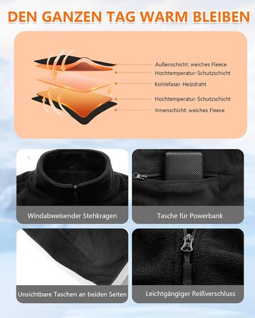 Обогревна жилетка з флісу для чоловіків з акумулятором 5V 10000mAh - жилетка з 3 рівнями нагріву, 5 зонами обігріву, ідеальна для роботи на відкритому повітрі, катання на лижах, піших прогулянок та щоденних поїздок. Чорний, XXL