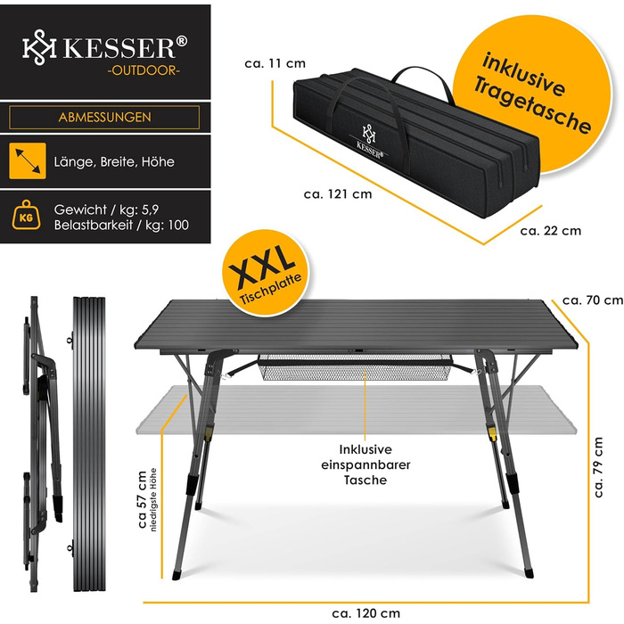 Складний кемпінговий стіл KESSER® алюмінієвий 120x70 см, до 100 кг, з сумкою для транспортування, антрацит