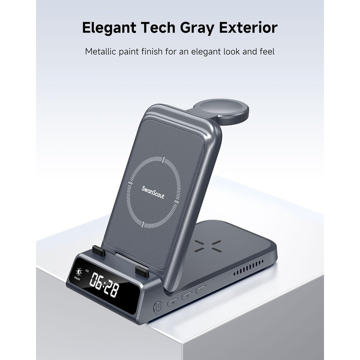Бездротова зарядка SwanScout 703S 3-в-1 для Samsung Galaxy S25/S24/Fold 7, Watch 8/8 Classic/Ultra та Buds (Технічний сірий)