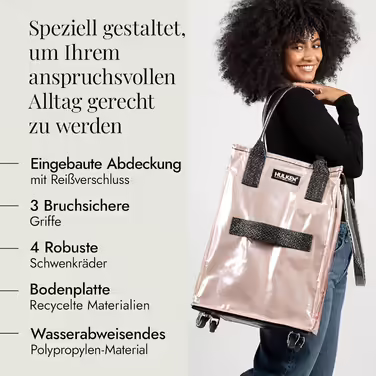 HULKEN - (Small, Rose Gold) Reusable shopping bag on wheels. The shopping cart can carry up to 30 kg, has sturdy handles, a zipper, and is flat, lightweight, and foldable.
