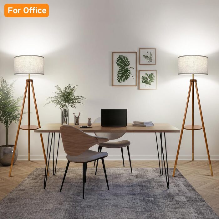 OUTON LED торшер з регулюванням яскравості, тринога, дерево з полицею, пульт дистанційного керування, 4 колірні температури, таймер на 1 годину, штатив, абажур кольору беж для вітальні, спальні, офісу (волоський горіх-золото)