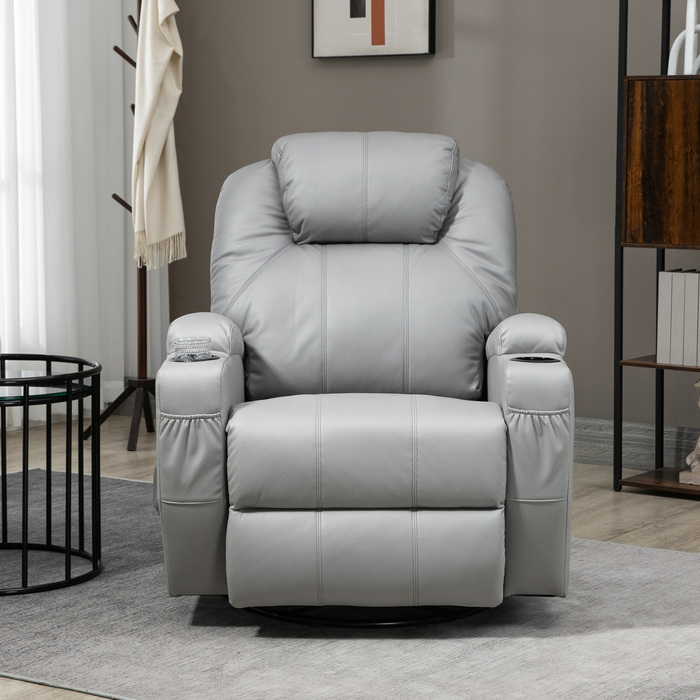 HOMCOM Electric TV Recliner Chair, Weight Capacity 150 kg, Stressless Recliner with Lie-Flat Function, Faux Leather, Light Grey