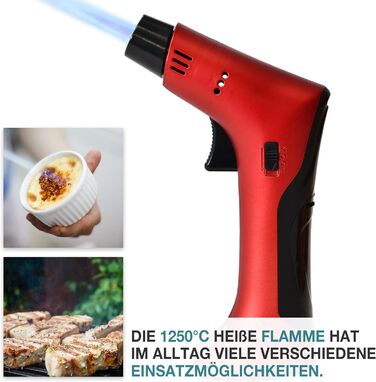 Набір газового пальника TOM Flambierbrenner Jetflame (Червоний) з балоном бутану, професійний кулінарний пальник з замком безпеки для кухні, кемпінгу та майстерні