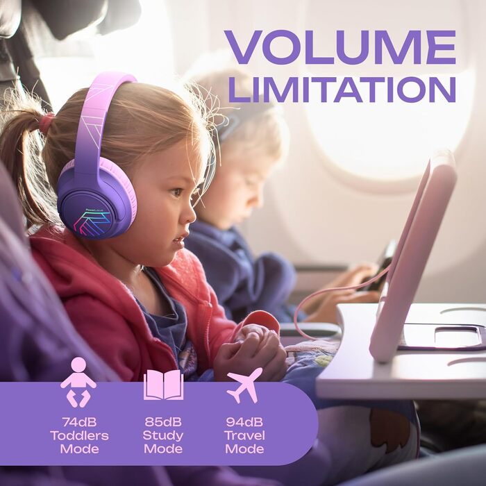 Дитячі навушники PowerLocus Bobo Bluetooth з обмеженням гучності, LED-підсвічуванням, складні, з мікрофоном (фіолетовий)