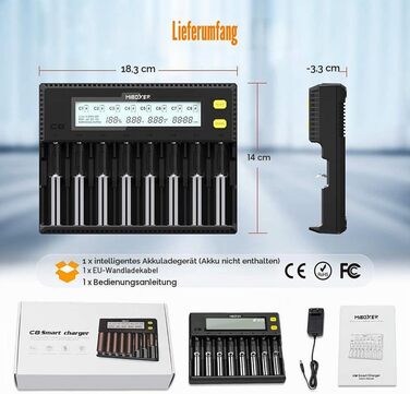 Зарядний пристрій MiBOXER для акумуляторів 18650 8-Bay з LCD дисплеєм, швидка зарядка Li-Ion, LiFePO4, Ni-MH/Ni-Cd (AA, AAA, C, 21700, 26650)