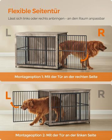 Клітка для собак Feandrea XL, меблева, з журнальним столиком, для собак до 37 кг, міцна, закритий дно, 2 двері, сірий меланж (110 x 76 x 82 см)