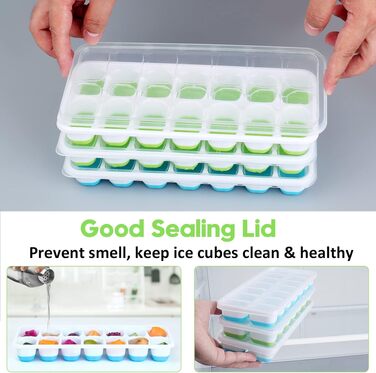 Силіконові форми для льоду з кришкою, BPA-free, набір 8 шт. (стакабельні), для коктейлів, віскі та кави, сертифікація LFGB, синій та зелений кольори