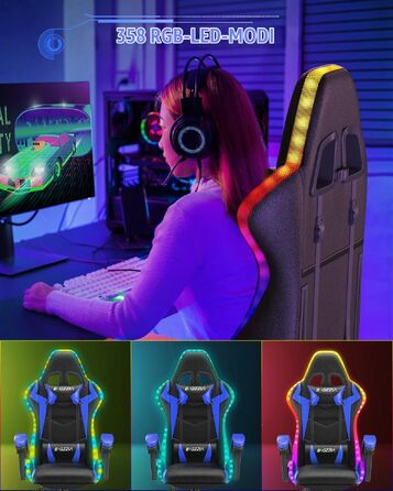 Ігрове крісло Racingreat з RGB LED-підсвіткою, ергономічне геймерське крісло (чорний/синій)
