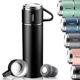Stainless Steel Thermos Flask with Cup and Handle - 500ml Insulated Travel Mug, Leak-Proof, Double-Walled, Vacuum Insulated, Hot/Cold for Kids, Sports (Black)