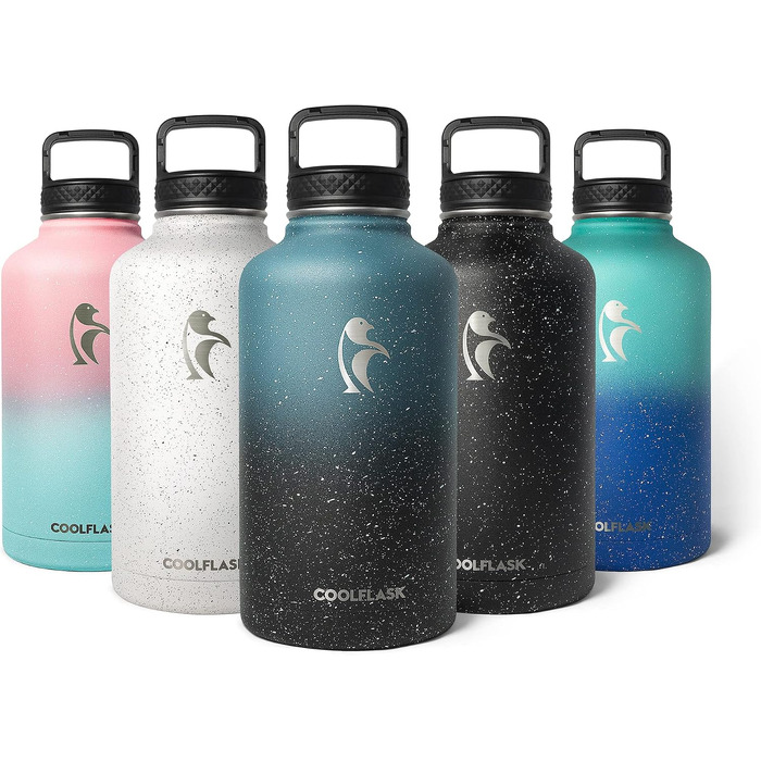 Термофляга Coolflask 2Л зі сталі нержавіюючої з трубою та 3 кришками, вакуумна пляшка для води для спорту та подорожей, Starry Indigo Black