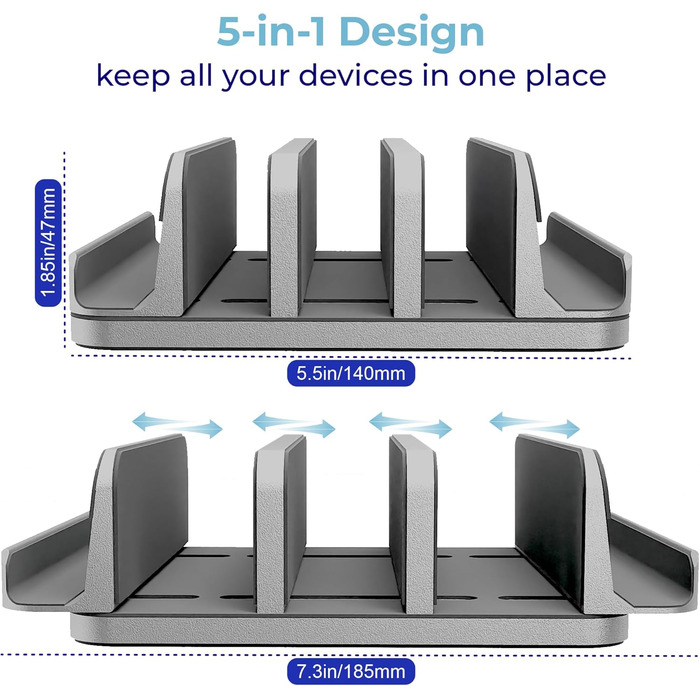 TEFONIA 5-Slot Aluminum Laptop Stand Holder - Adjustable Desk Organizer for MacBook, Surface, Galaxy, iPad, Tablet, iPhone